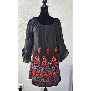Lilypad paisley long sleeve top bell sleeve black multi color embroidered